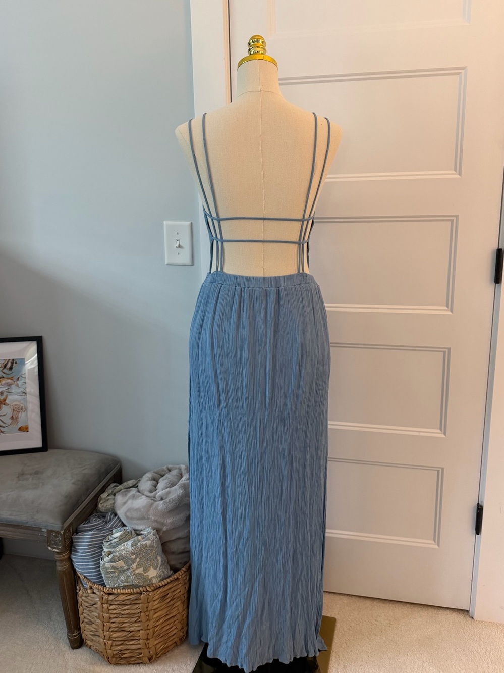 Lulu's Dusty Blue Backless Pleated Maxi Dress with V-Neck - Picture 2 of 5